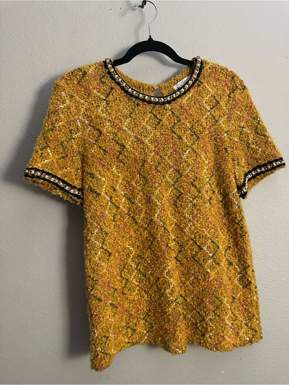 Textured Yellow Bouclé Short-Sleeve Women's Top